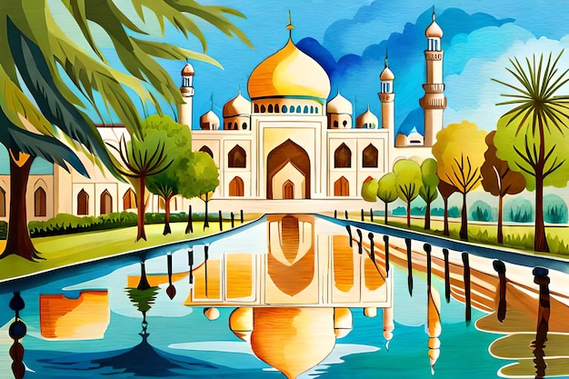 A painting of a mosque with trees and water in front of it