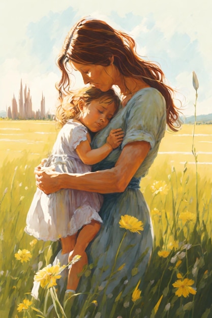 A painting of a mother and child in a field of flowers