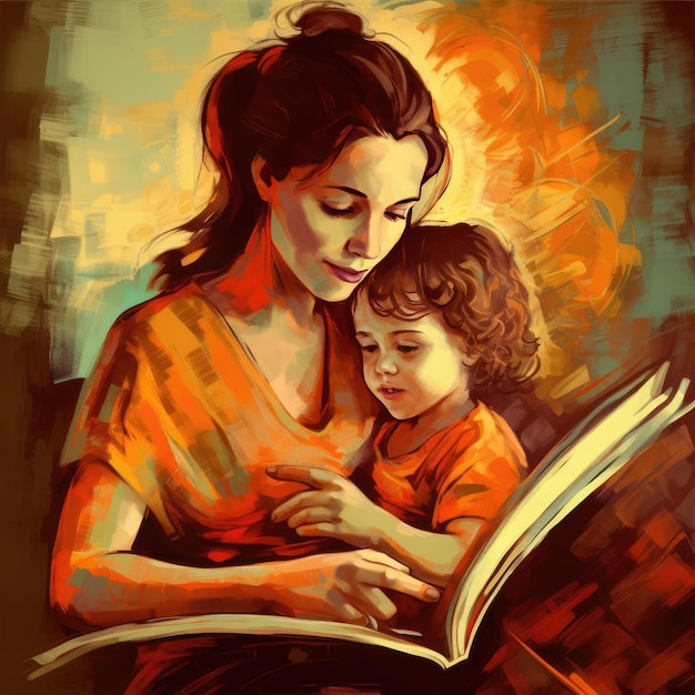 A painting of a mother and child reading a book