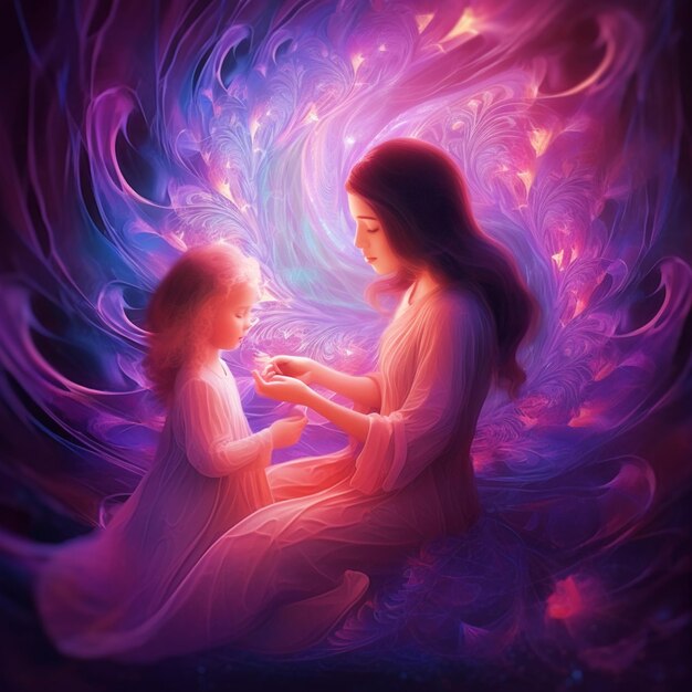 painting of a mother and child in a swirling space generative ai