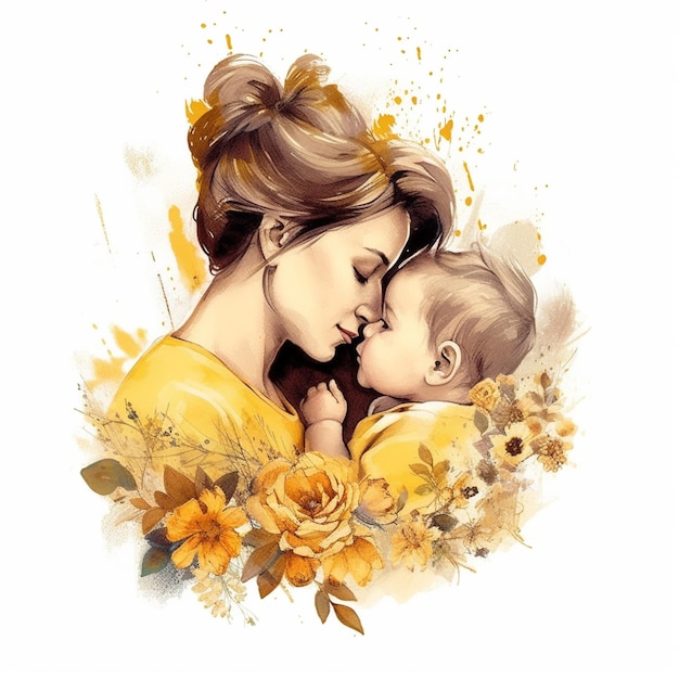 Painting of a mother and child with flowers and leaves generative ai
