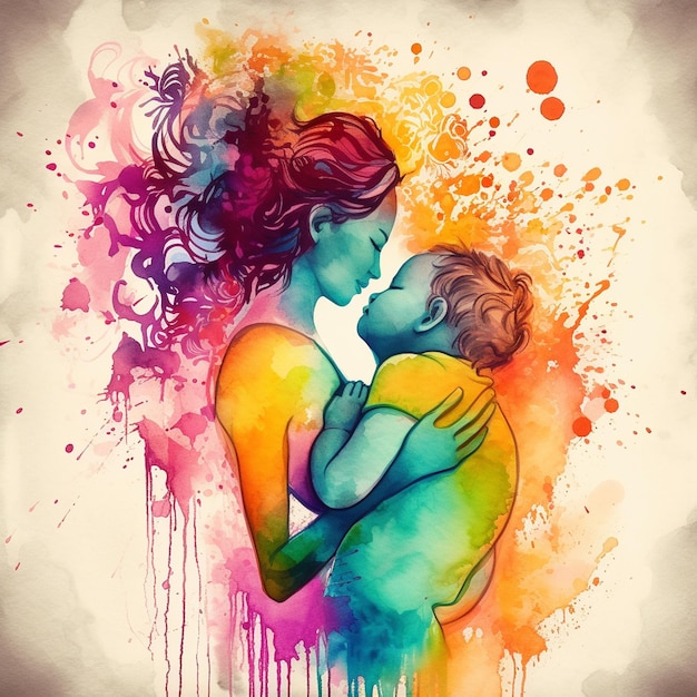 A painting of a mother and child with a rainbow colored background.