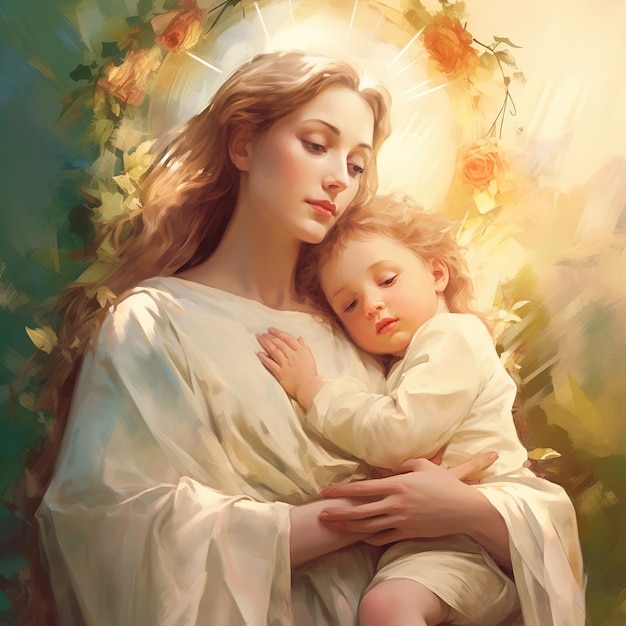 A painting of a mother and child with the sun behind them.