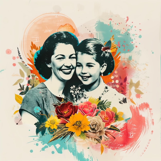 a painting of a mother and daughter with flowers in the background