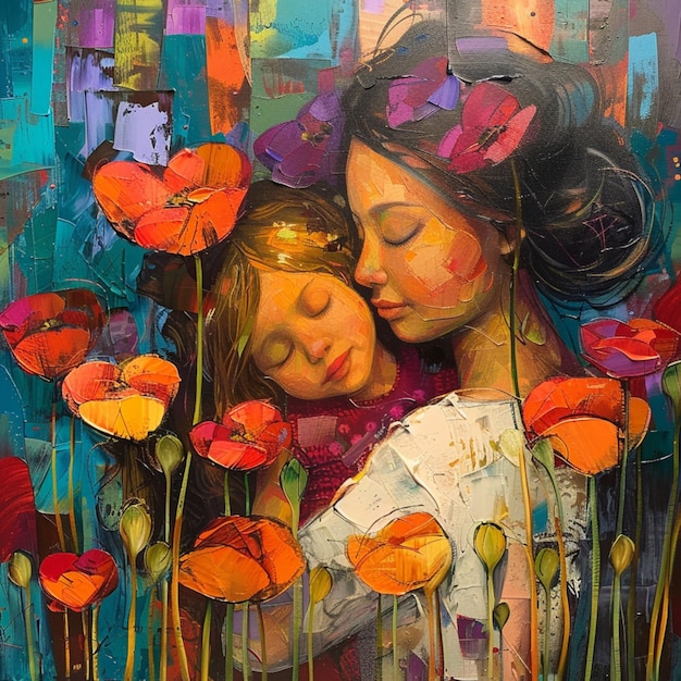 꽃과 함께 어머니와 딸의 그림과 그녀를 키스하는 여성의 그림