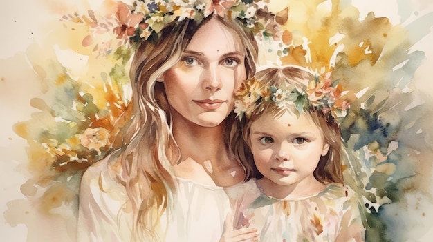 A painting of a mother and daughter with flowers on their heads