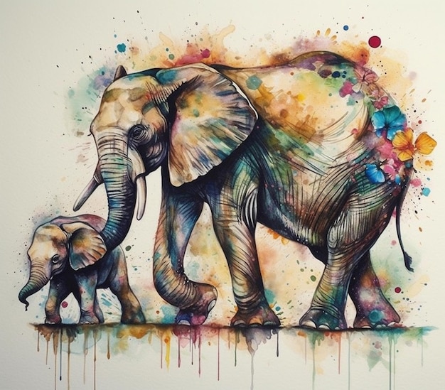 painting of a mother elephant and her baby elephant walking together generative ai