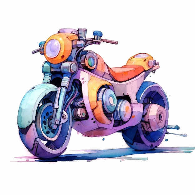 A painting of a motorcycle that is colored in orange and red.