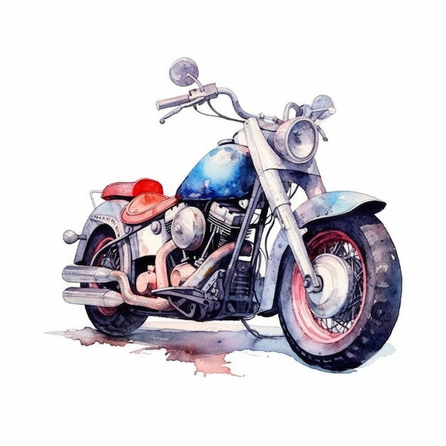 Painting of a motorcycle with a red helmet and a blue seat generative ai