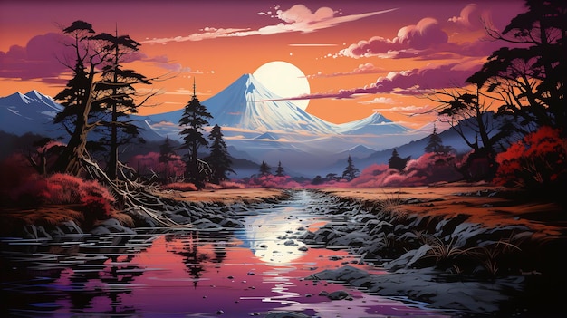 a painting of mount fuji in the water in the style of tom killion