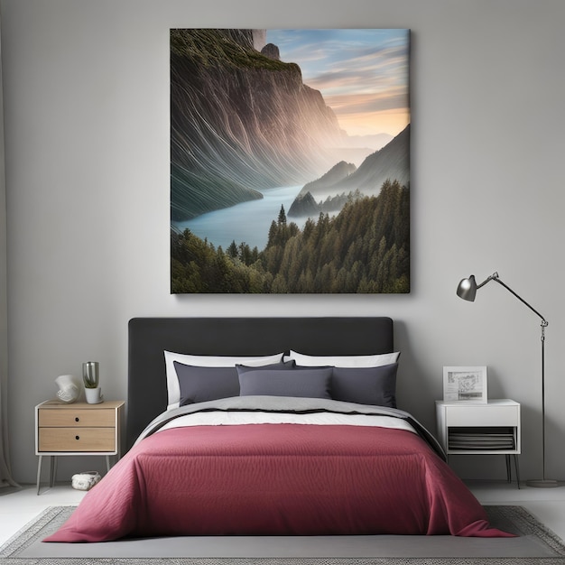 A painting of a mountain and a bed with a red blanket.