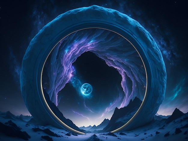 A painting of a mountain and a blue circle with a moon in the background.