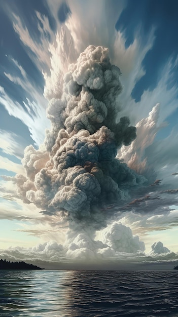 A painting of a mountain and a cloud with smoke coming out of it