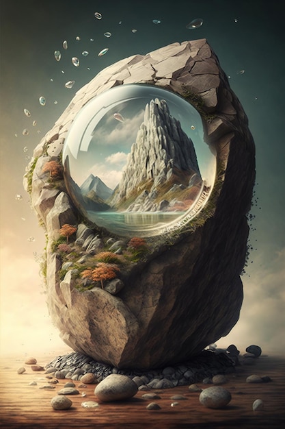 A painting of a mountain and a glass ball