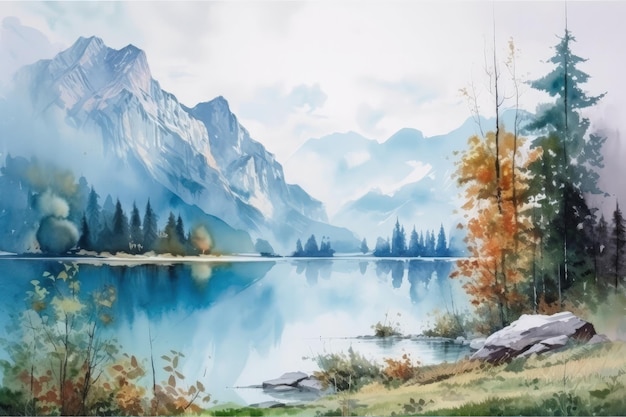 A painting of a mountain lake surrounded by trees generative AI