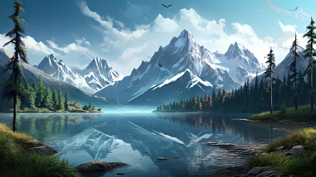 Картина горного озера с птицами, летящими над ним.