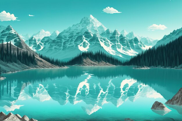 A painting of a mountain lake with a blue sky and clouds.