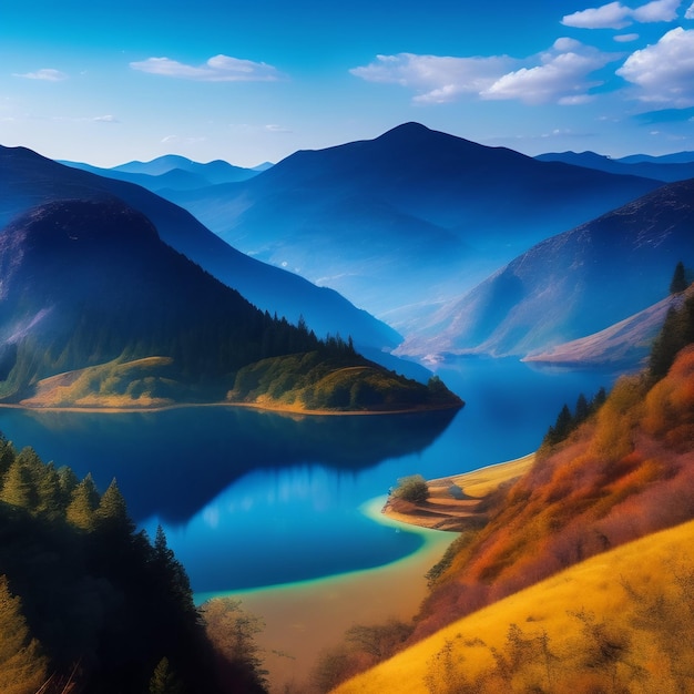 A painting of a mountain lake with a blue sky and trees in the foreground.