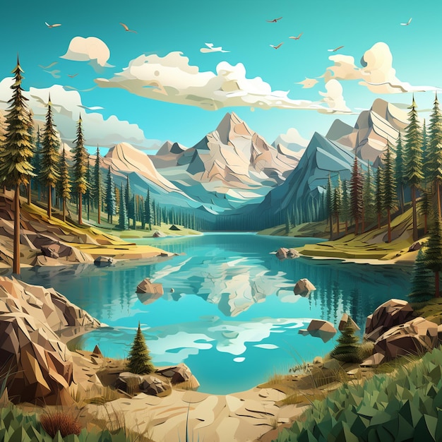 painting of a mountain lake with a few trees and rocks generative ai