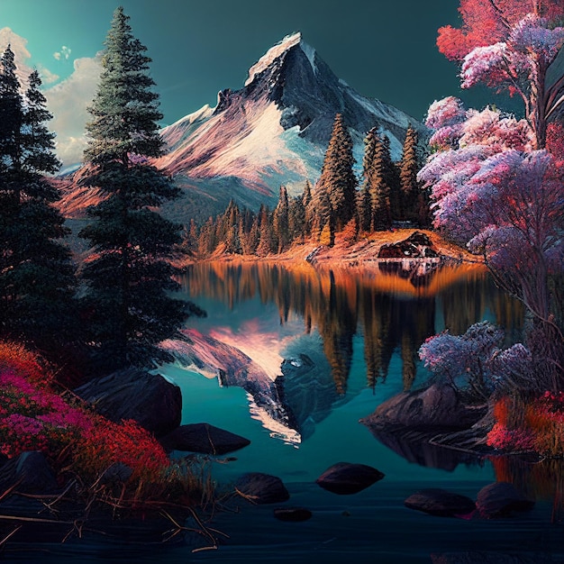 A painting of a mountain and a lake with a house on it