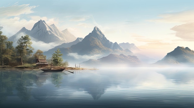 a painting of a mountain lake with a house on the water