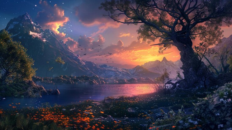 Photo a painting of a mountain lake with a lake and mountains in the background