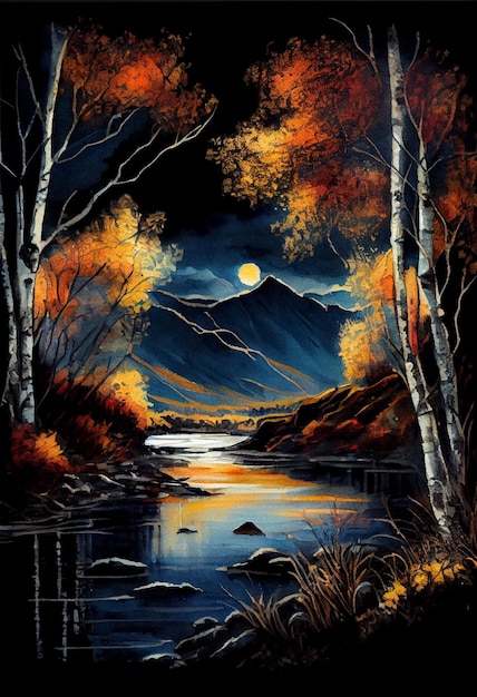 A painting of a mountain and a lake with a moon in the sky