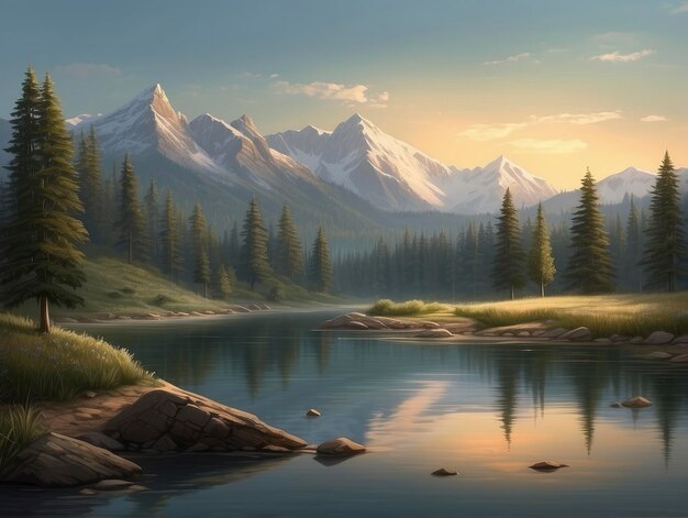 картина горного озера с горой на заднем плане и несколькими деревьями