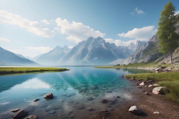 A painting of a mountain lake with a mountain in the background