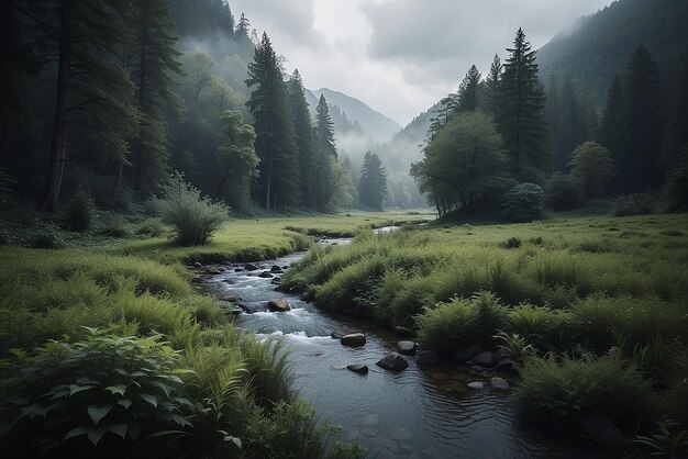 A painting of a mountain lake with a mountain in the background