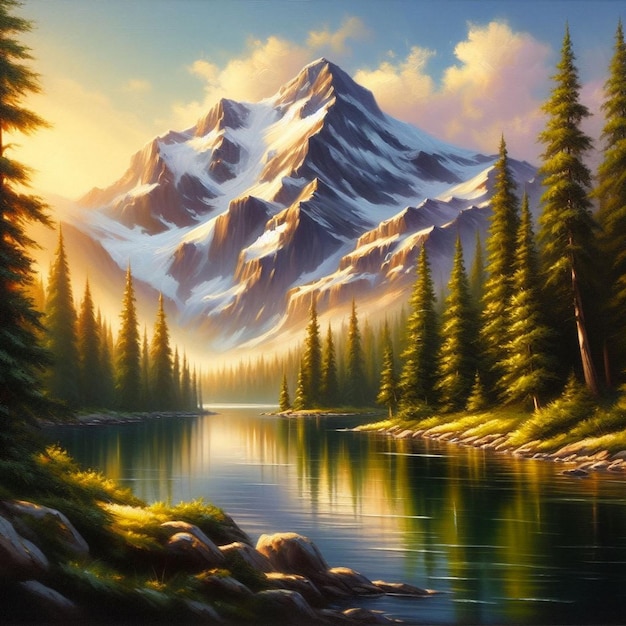 A painting of a mountain lake with a mountain in the background