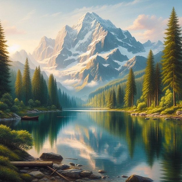 A painting of a mountain lake with a mountain in the background