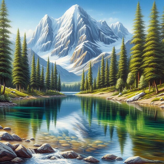 A painting of a mountain lake with a mountain in the background