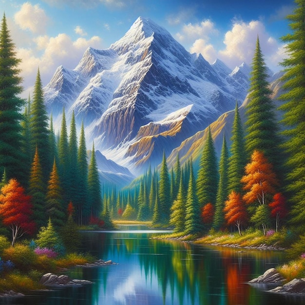 A painting of a mountain lake with a mountain in the background