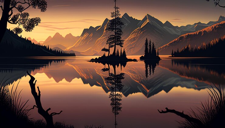a painting of a mountain and a lake with a mountain in the background
