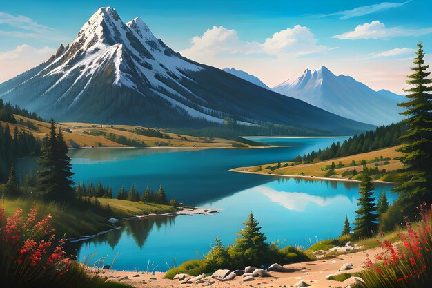 Photo painting of a mountain lake with a mountain in the background