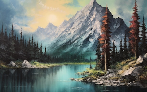 Photo a painting of a mountain lake with a mountain in the background