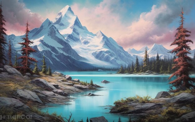 A painting of a mountain lake with a mountain in the background