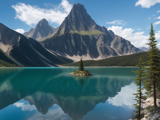 A painting of a mountain lake with a mountain in the background