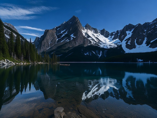 A painting of a mountain lake with a mountain in the background