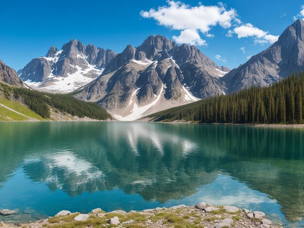 A painting of a mountain lake with a mountain in the background