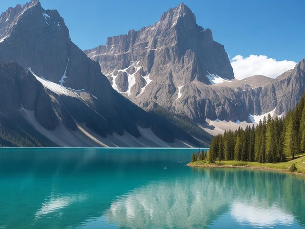 A painting of a mountain lake with a mountain in the background