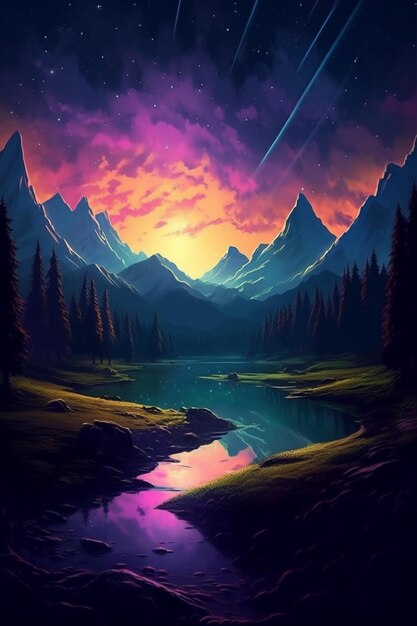 A painting of a mountain lake with a mountain range in the background generative ai