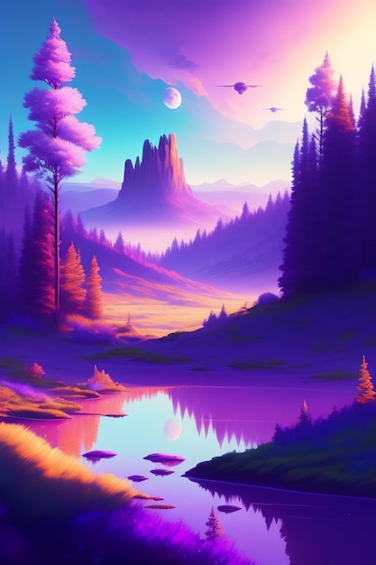 A painting of a mountain lake with a purple sky and the moon above it.