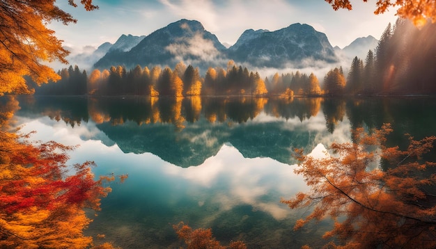 a painting of a mountain lake with a reflection of the mountains in the water