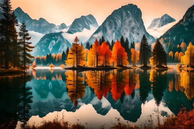 背景に木や山の反射がある山の湖の絵画