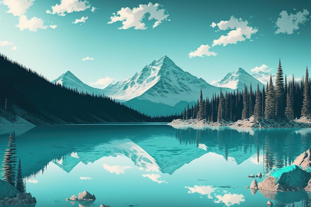 A painting of a mountain lake with snow covered mountains in the background.