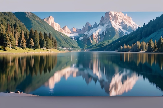 A painting of a mountain lake with snow on the mountains in the background.