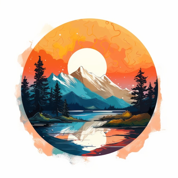 a painting of a mountain and lake with a sunset in the background