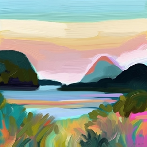 A painting of a mountain and a lake with a sunset in the background.